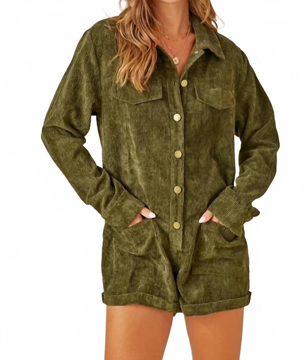NEW DAY + MOON button down corduroy romper in olive
